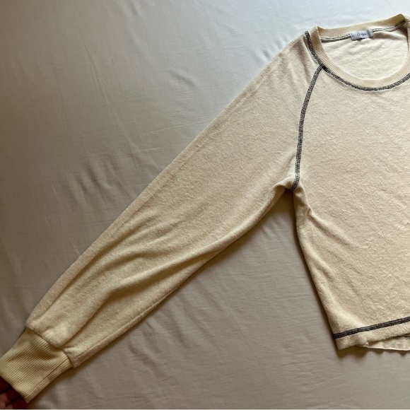 CANAPÉ cream ivory terry cloth knit contrast stitch fray raw hem boxy sweater - Picture 4 of 6